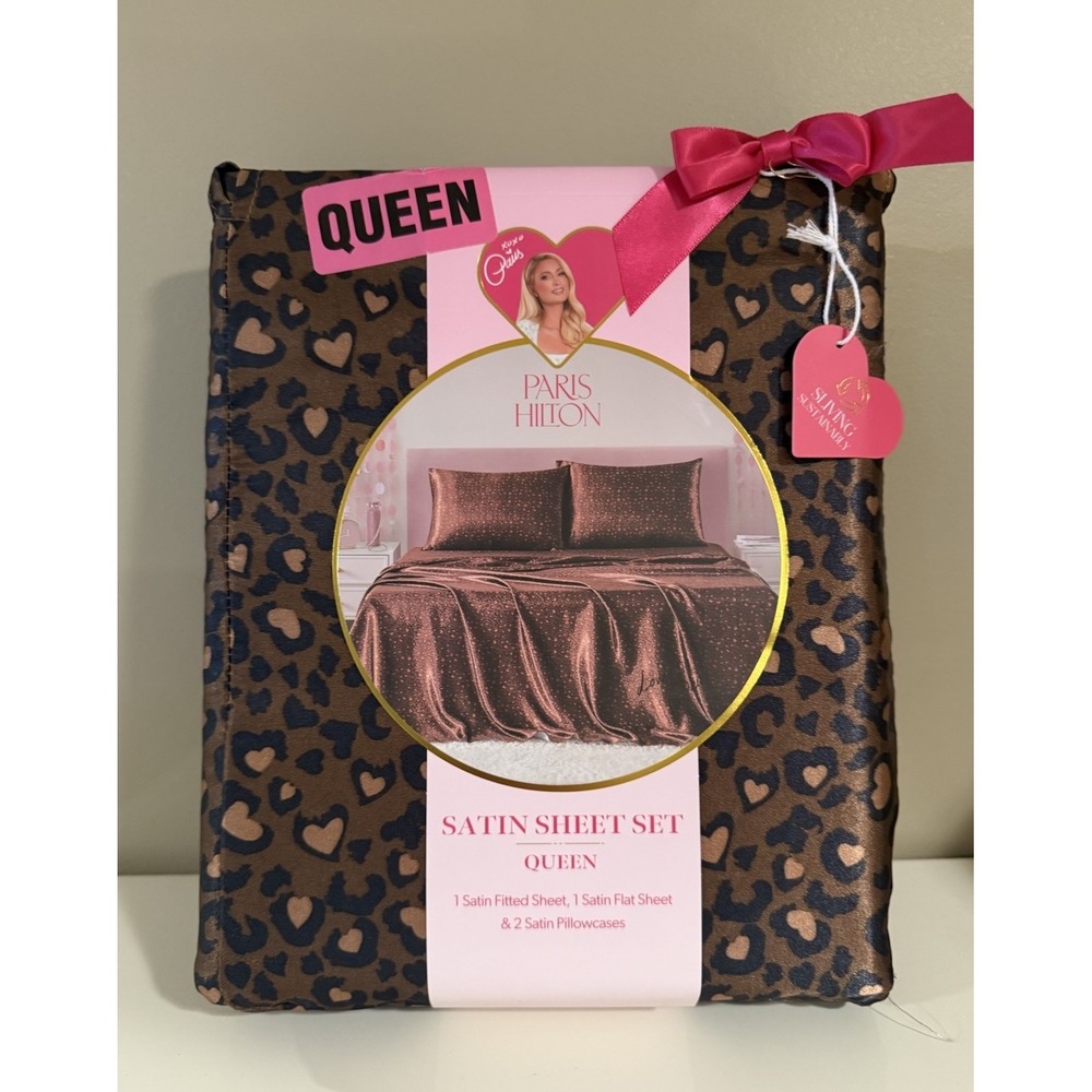 Paris Hilton Queen Satin Sheet Set Brown Leopard Print 4 Pc New